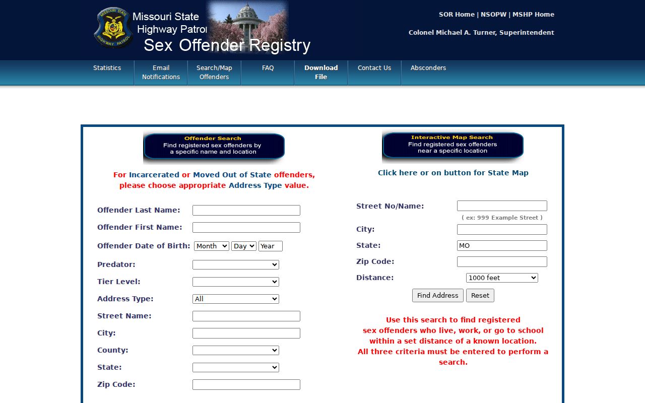 Missouri registry interface for a Carroll County sex offender search